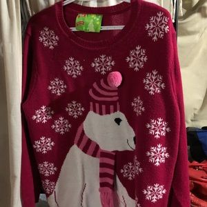 Ugly Christmas Sweater Holiday Winter Pink Pompom Polar Bear Warm Cute